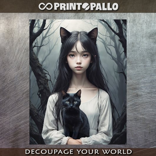 黒猫とアジア系の猫耳メイド 薄葉紙
