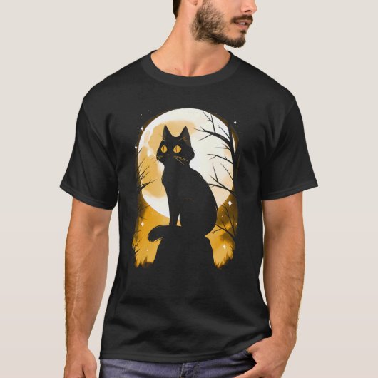 黒猫とオレンジ満月のハロウィン簡単コス Tシャツ (正面)