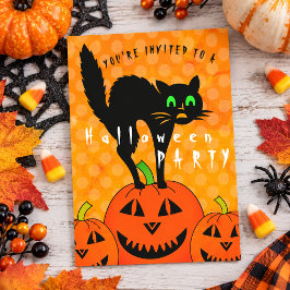 黒猫とオレンジ色のかぼちゃ ハロウィンパーティー インビテーションポストカード