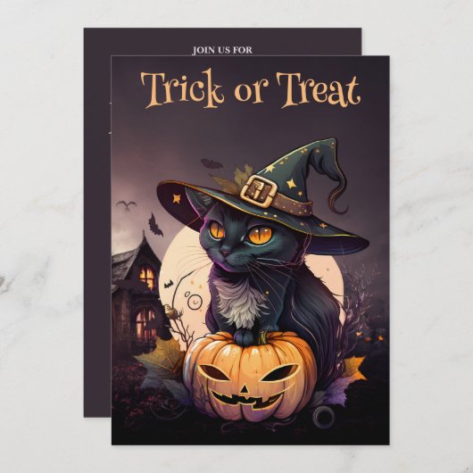 黒猫とカボチャのハロウィンパーティー招待状 招待状 (正面/裏面)