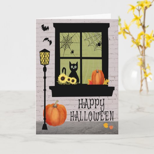 黒猫とカボチャのハロウィーンウィンドウ カード (黄色い花)