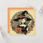 黒猫とカボチャの可愛いハロウィーンの魔女 カード (正面/裏面インサイチュ)