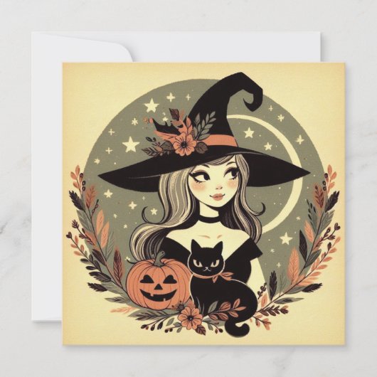 黒猫とカボチャの可愛いハロウィーンの魔女 カード (正面)