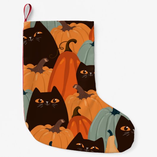 黒猫とカボチャの継ぎ目のないかわいい柄 スモールクリスマスストッキング (正面)