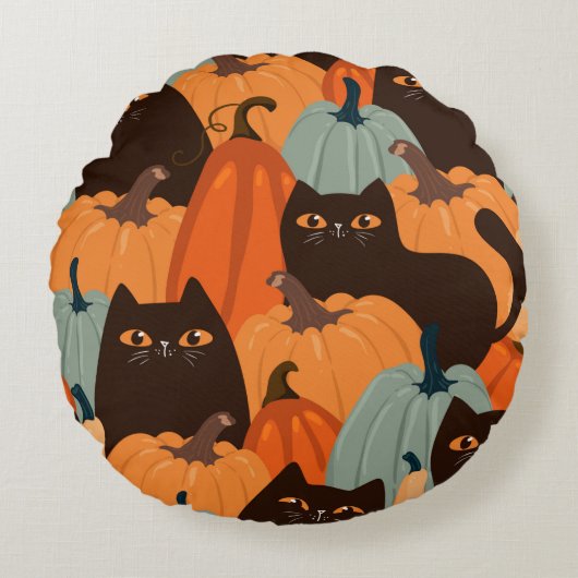 黒猫とカボチャの継ぎ目のないかわいい柄 ラウンドクッション (正面)