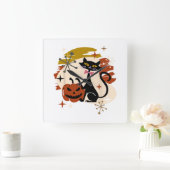 黒猫とカボチャ原子レトロハロウィン スクエア壁時計 (ホーム)