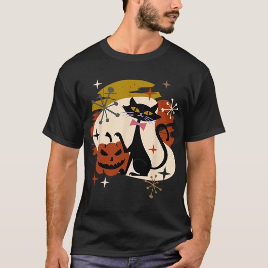黒猫とカボチャ原子レトロハロウィン Tシャツ (正面)
