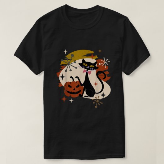 黒猫とカボチャ原子レトロハロウィン Tシャツ (デザイン正面)