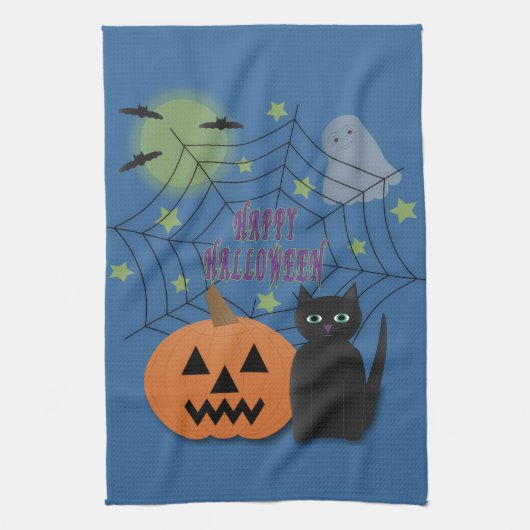 黒猫とカボチャ怖くないハロウィン キッチンタオル (縦)