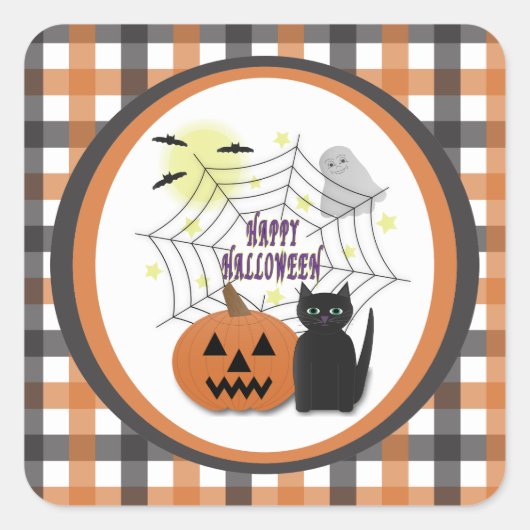 黒猫とカボチャ怖くないハロウィン スクエアシール (正面)