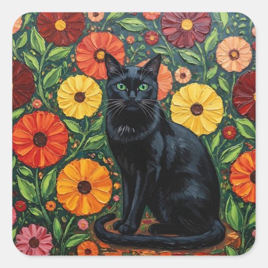 黒猫とカラフルなフォークアートの花 スクエアシール (正面)