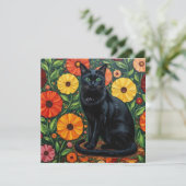 黒猫とカラフルな民芸調の花 カード (スタンド正面)