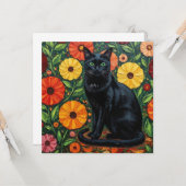 黒猫とカラフルな民芸調の花 カード (正面/裏面インサイチュ)