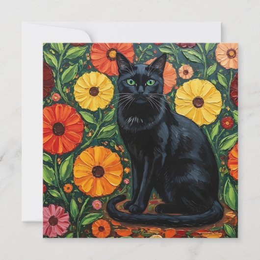 黒猫とカラフルな民芸調の花 カード (正面)