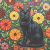 黒猫とカラフルな民芸調の花 シール (正面)