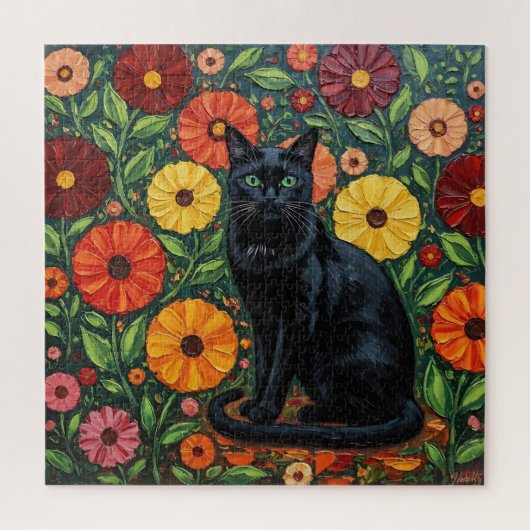 黒猫とカラフルな民芸調の花 ジグソーパズル (縦)