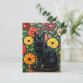 黒猫とカラフルな民芸調の花 ポストカード (スタンド正面)