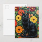 黒猫とカラフルな民芸調の花 ポストカード (正面/裏面)