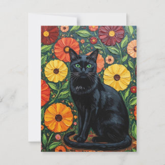 黒猫とカラフルな民芸調の花 ポストカード