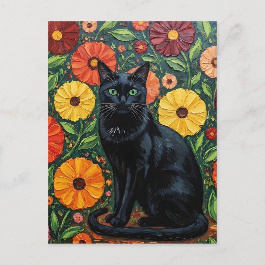 黒猫とカラフルな民芸調の花 ポストカード (正面)
