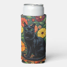 黒猫とカラフルな郷土芸術の花 スリム缶クーラー