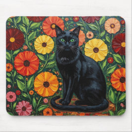 黒猫とカラフルな郷土芸術の花 マウスパッド