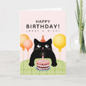 黒猫とケーキとキャンドルのハッピーバースデー カード (正面)