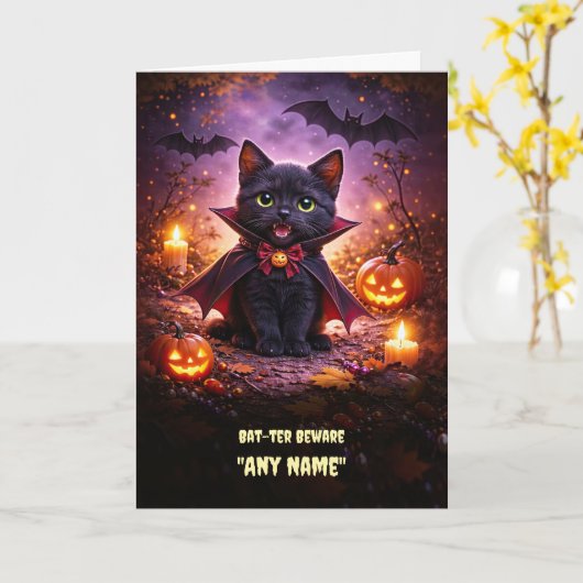 黒猫とコウモリのハロウィン 名前を入れて カード (黄色い花)