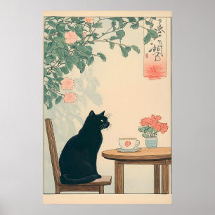 黒猫とコーヒーの浮世絵ジャパンディアートプリント ポスター