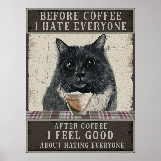 黒猫とコーヒーヴィンテージアート ポスター (正面)