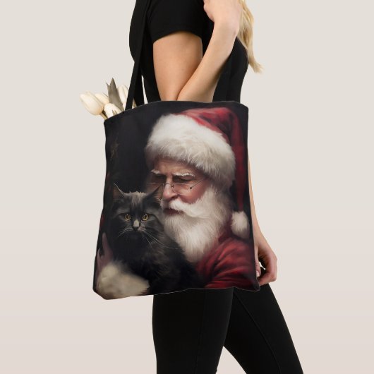 黒猫とサンタクロースフェスティバルクリスマス トートバッグ (クローズアップ)