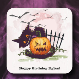 黒猫とジャック・オランタンのハロウィーン スクエアシール