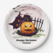 黒猫とジャック・オランタンのハロウィーン ペーパープレート (正面)