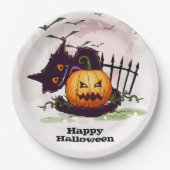 黒猫とジャック・オランタンのハロウィーン ペーパープレート (正面)