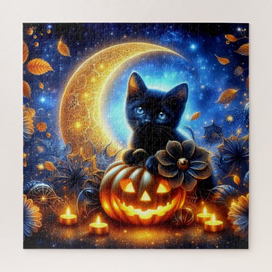 黒猫とジャック・オ・ランタンとクレスト・ムーン ジグソーパズル (縦)