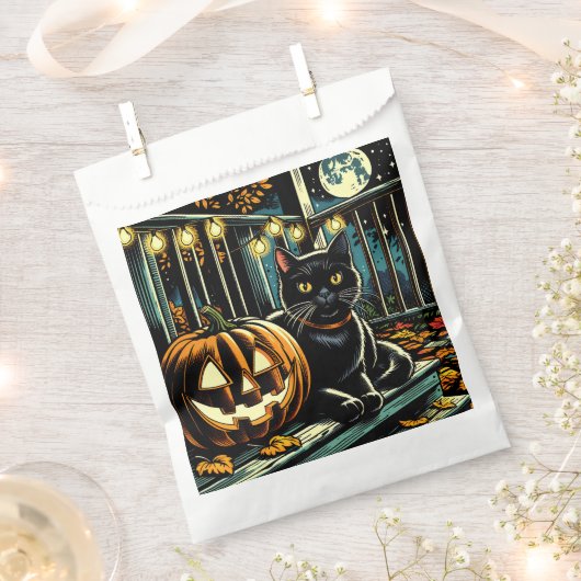 黒猫とジャック・オ・ランタンのハロウィン フェイバーバッグ (クリップ留めされた状態)