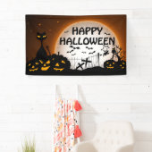 黒猫とジャック・オ・ランタン黒・オレンジ 横断幕 (インサイチュ)