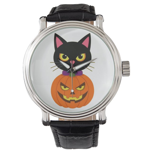 黒猫とジャック・オ・ランタン ハロウィーン スプーキー 腕時計 (正面)