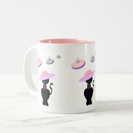 黒猫とソーサー飛んでいるズ ツートーンマグカップ (正面左)