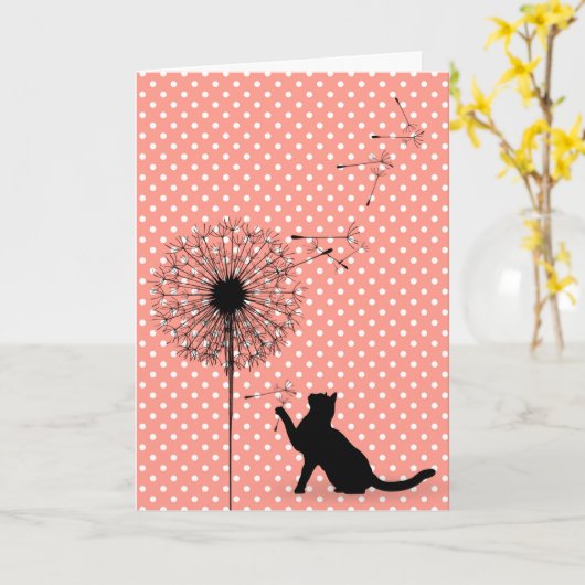 黒猫とタンポポの種子の誕生日 カード (黄色い花)