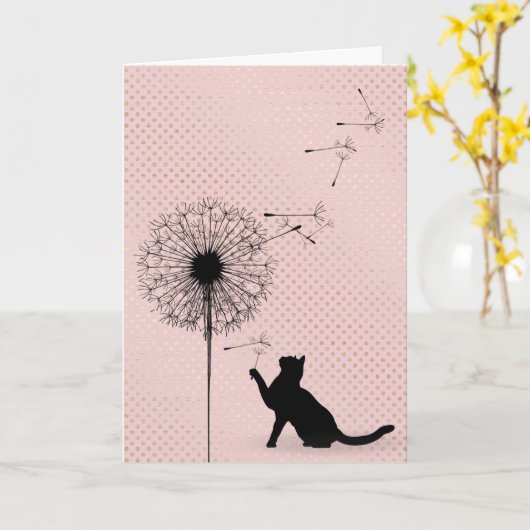 黒猫とタンポポの種子の誕生日 カード (黄色い花)