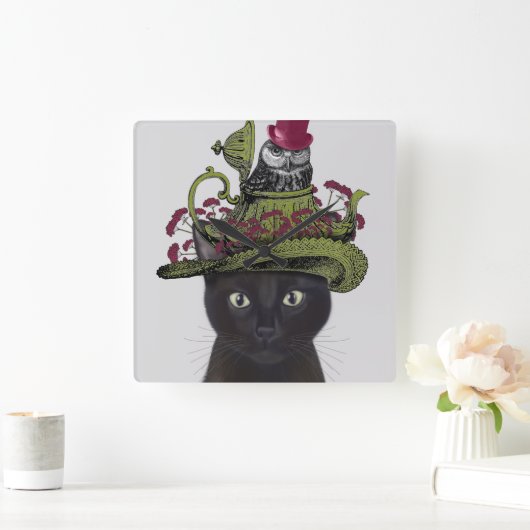 黒猫とティーポットとフクロウ スクエア壁時計 (ホーム)