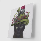 黒猫とティーポットとフクロウ スクエア壁時計 (傾斜)