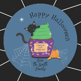 黒猫とハロウィンカップケーキの青ステッカー ラウンドシール