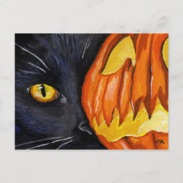 黒猫とハロウィーンのかぼちゃの絵 ポストカード