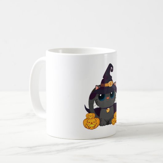黒猫とハロウィーンのカボチャのちょうちんハロウィンシャツ コーヒーマグカップ (正面左)