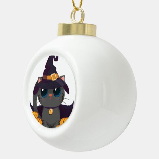 黒猫とハロウィーンのカボチャのちょうちんハロウィンシャツ セラミックボールオーナメント (右)