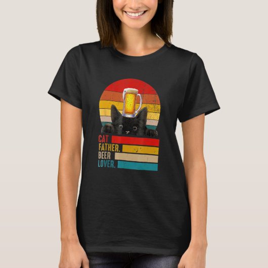 黒猫とビールの父の日 ヴィンテージなパパ アルコール Tシャツ (正面)