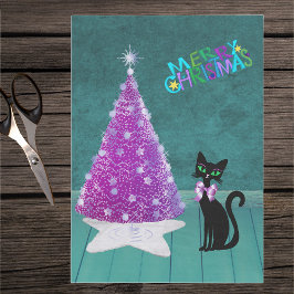 黒猫とピンクとシルバーのツリーのカラフルなクリスマス 薄葉紙