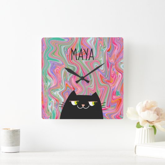黒猫とピンクアート柄モノグラム名 スクエア壁時計 (ホーム)